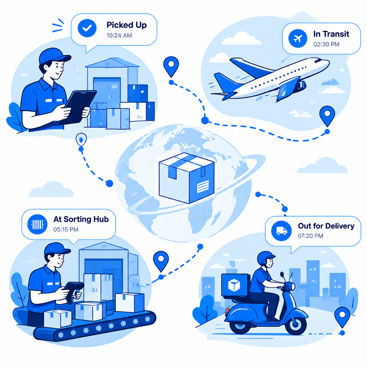 Pickup, transit, sorting and delivery